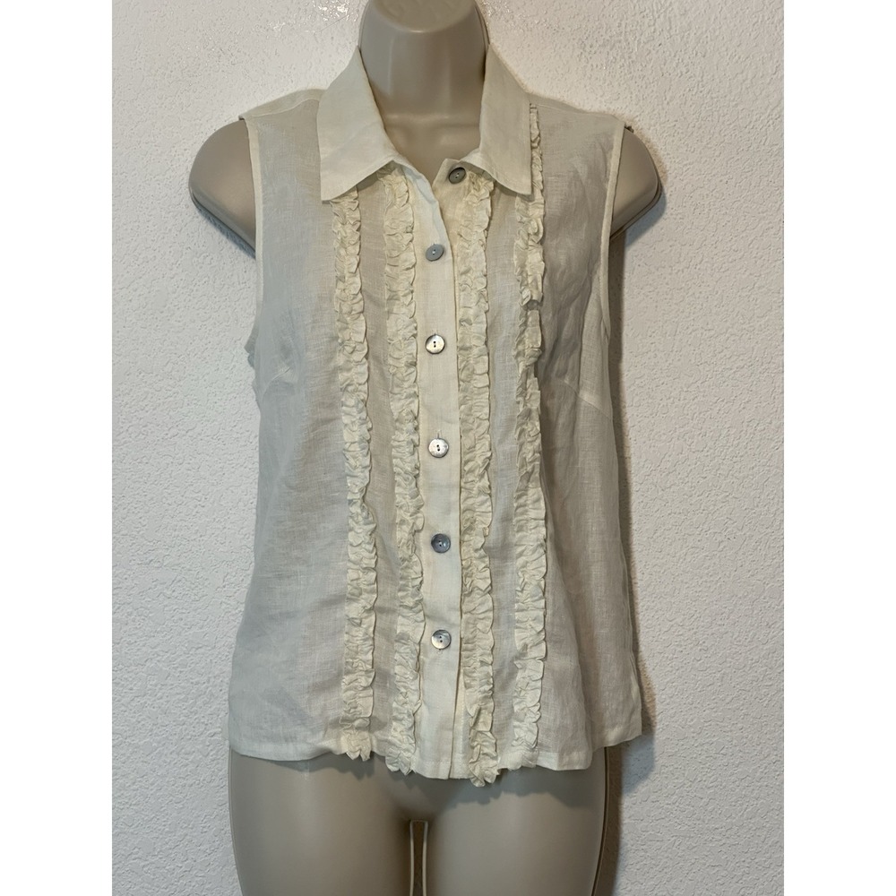 Rialto Collection by Joy Perreras Linen Top Shirt Ruffle Sz M Ivory Victorian - Picture 1 of 8
